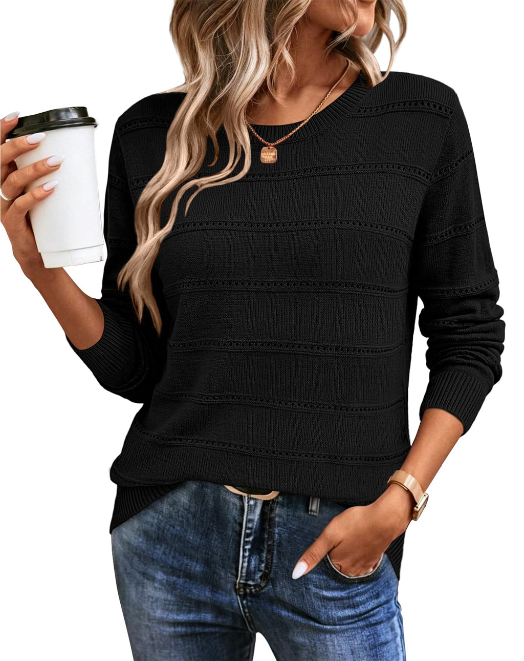 WIHOLL Fall Outfits for Women 2026 Hollow Out Knit Sweater Fashion Clothing