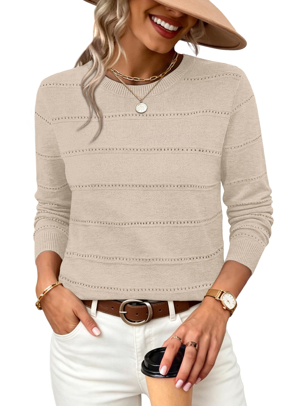 WIHOLL Fall Outfits for Women 2026 Hollow Out Knit Sweater Fashion Clothing