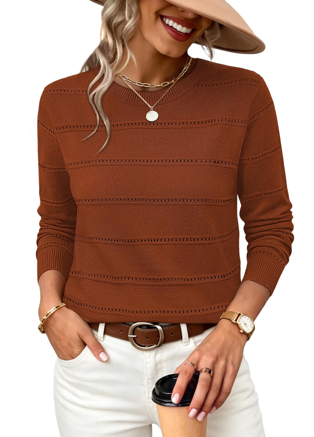 WIHOLL Fall Outfits for Women 2026 Hollow Out Knit Sweater Fashion Clothing