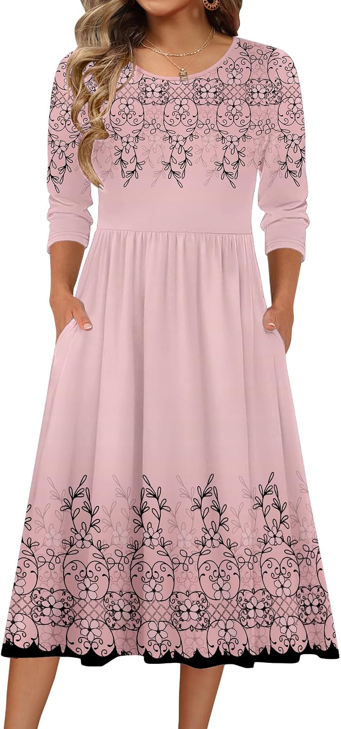 Zeagoo 3/4 Sleeve Women's Dress Casual Aline Summer Fall Midi Long Dresses