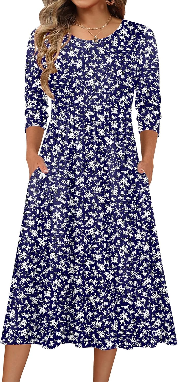 Zeagoo 3/4 Sleeve Women's Dress Casual Aline Summer Fall Midi Long Dresses