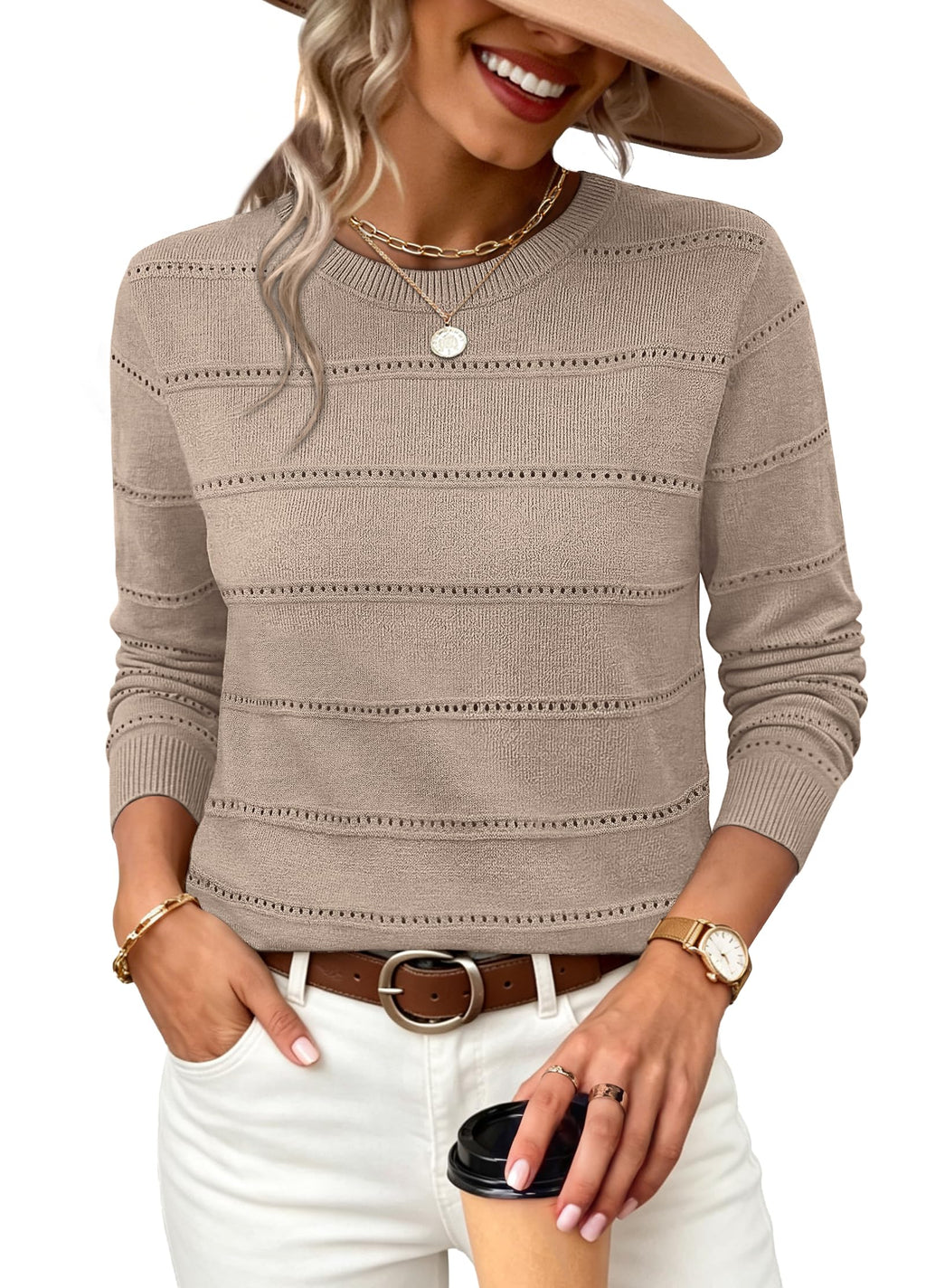 WIHOLL Fall Outfits for Women 2026 Hollow Out Knit Sweater Fashion Clothing