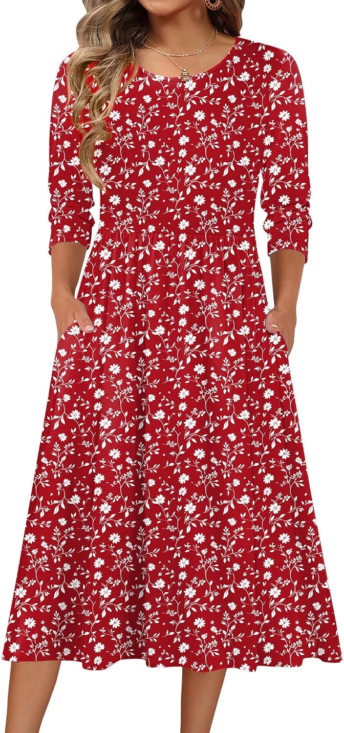 Zeagoo 3/4 Sleeve Women's Dress Casual Aline Summer Fall Midi Long Dresses
