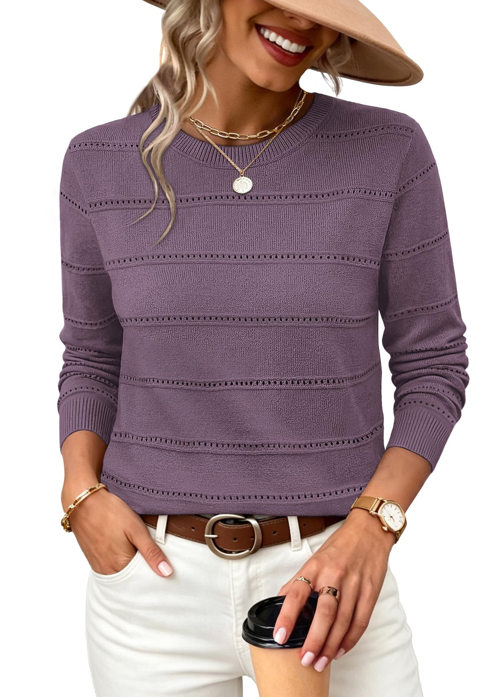 WIHOLL Fall Outfits for Women 2026 Hollow Out Knit Sweater Fashion Clothing