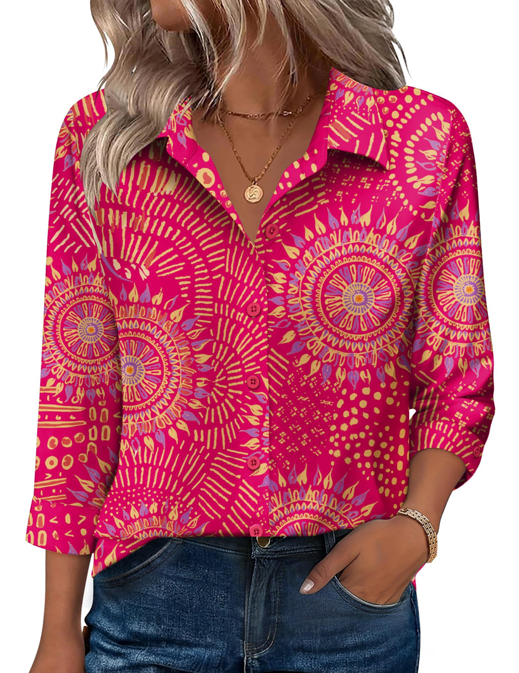 Zeagoo Button Down Shirts for Women 3/4 Sleeve Tops V Neck Collared Blouses Business Casual Outfits