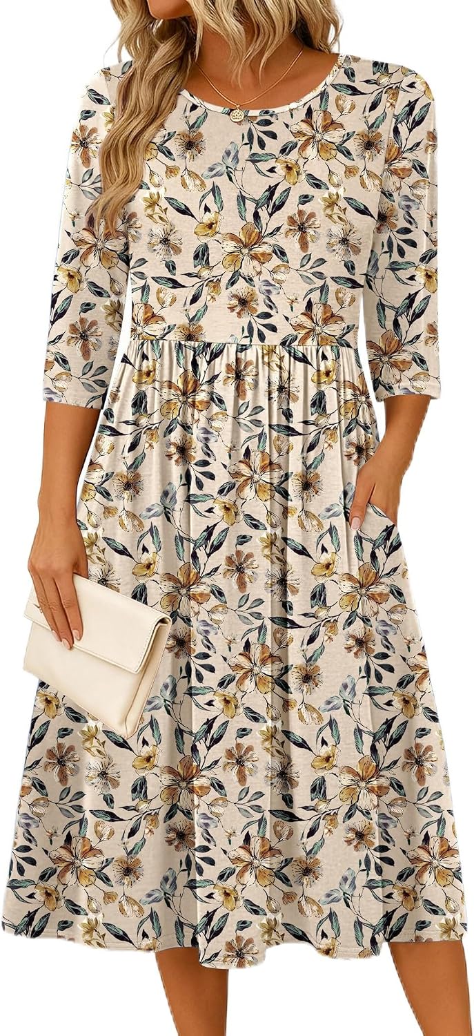 Zeagoo 3/4 Sleeve Women's Dress Casual Aline Summer Fall Midi Long Dresses