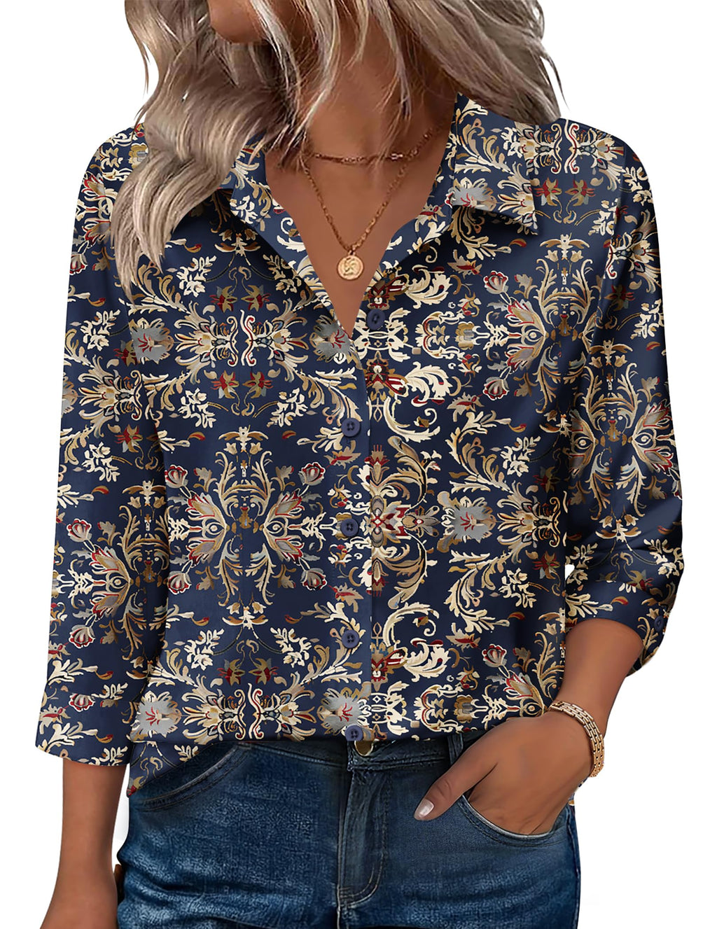 Zeagoo Button Down Shirts for Women 3/4 Sleeve Tops V Neck Collared Blouses Business Casual Outfits