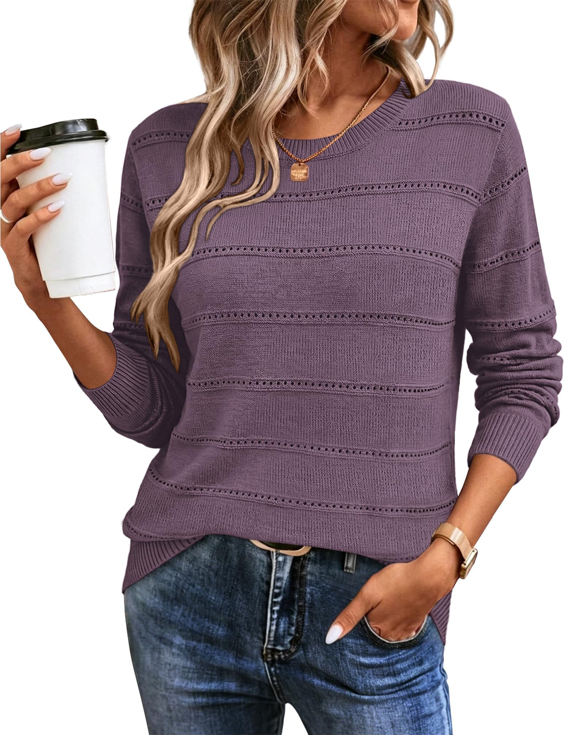 WIHOLL Fall Outfits for Women 2026 Hollow Out Knit Sweater Fashion Clothing