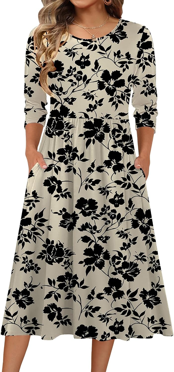 Zeagoo 3/4 Sleeve Women's Dress Casual Aline Summer Fall Midi Long Dresses