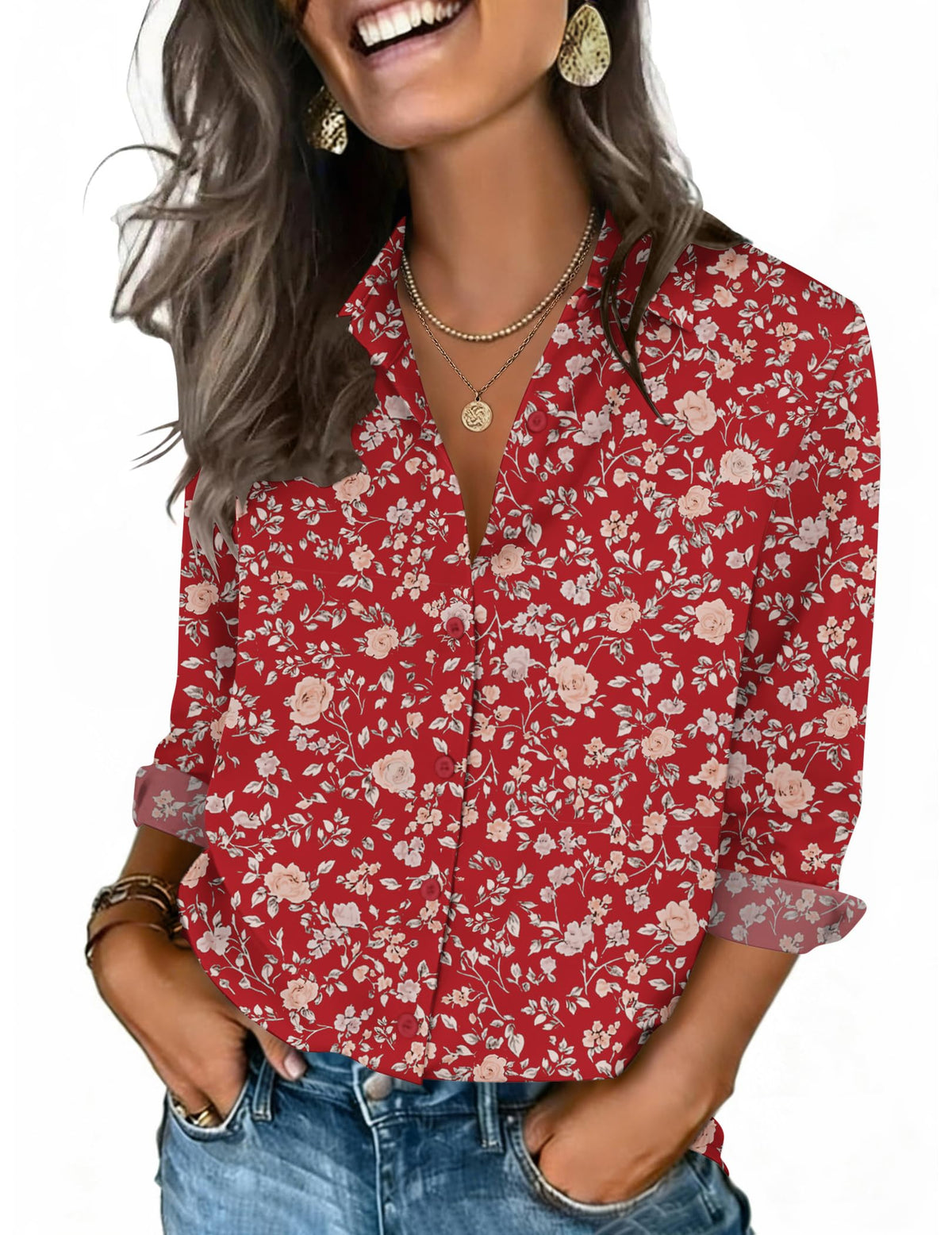 Zeagoo Button Down Shirts for Women 3/4 Sleeve Tops V Neck Collared Blouses Business Casual Outfits