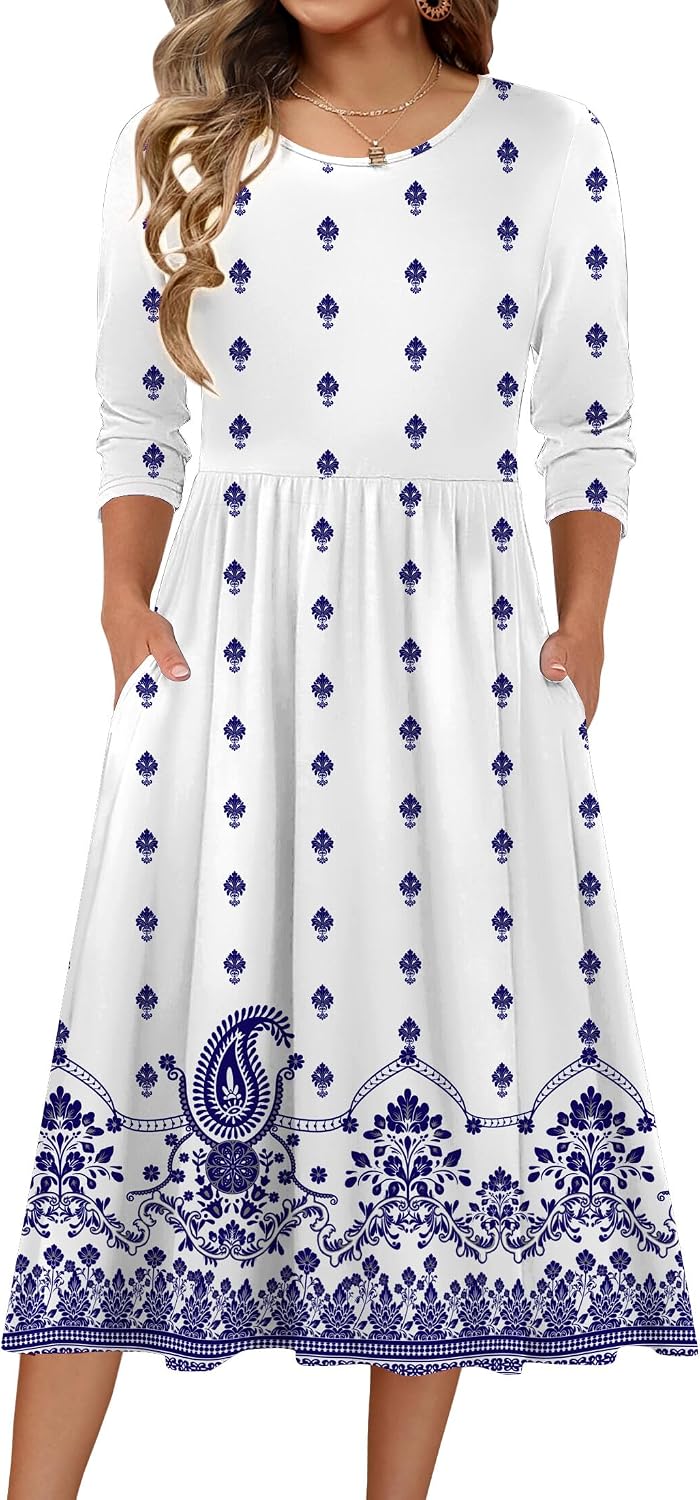 Zeagoo 3/4 Sleeve Women's Dress Casual Aline Summer Fall Midi Long Dresses