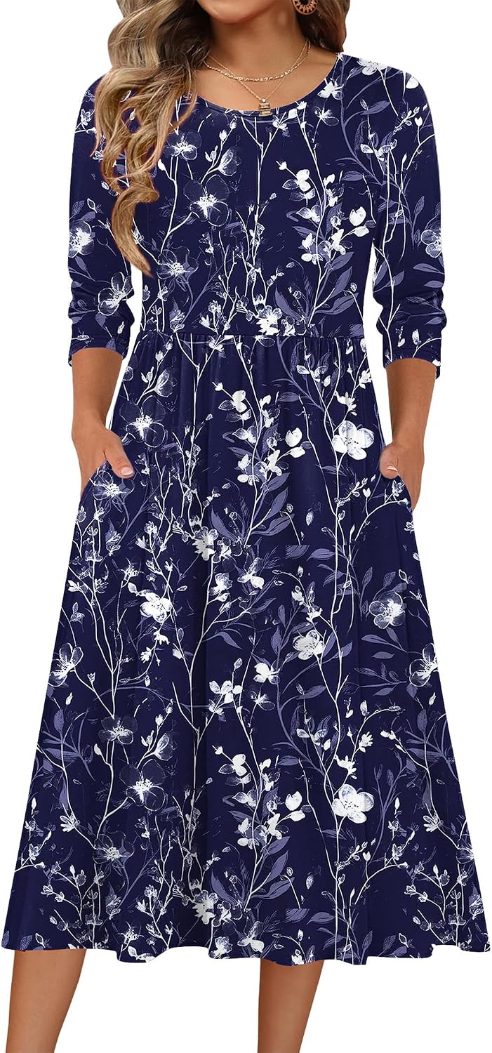 Zeagoo 3/4 Sleeve Women's Dress Casual Aline Summer Fall Midi Long Dresses