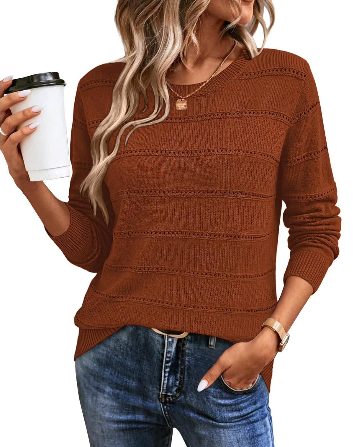 WIHOLL Fall Outfits for Women 2026 Hollow Out Knit Sweater Fashion Clothing