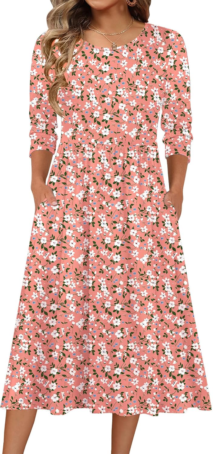 Zeagoo 3/4 Sleeve Women's Dress Casual Aline Summer Fall Midi Long Dresses