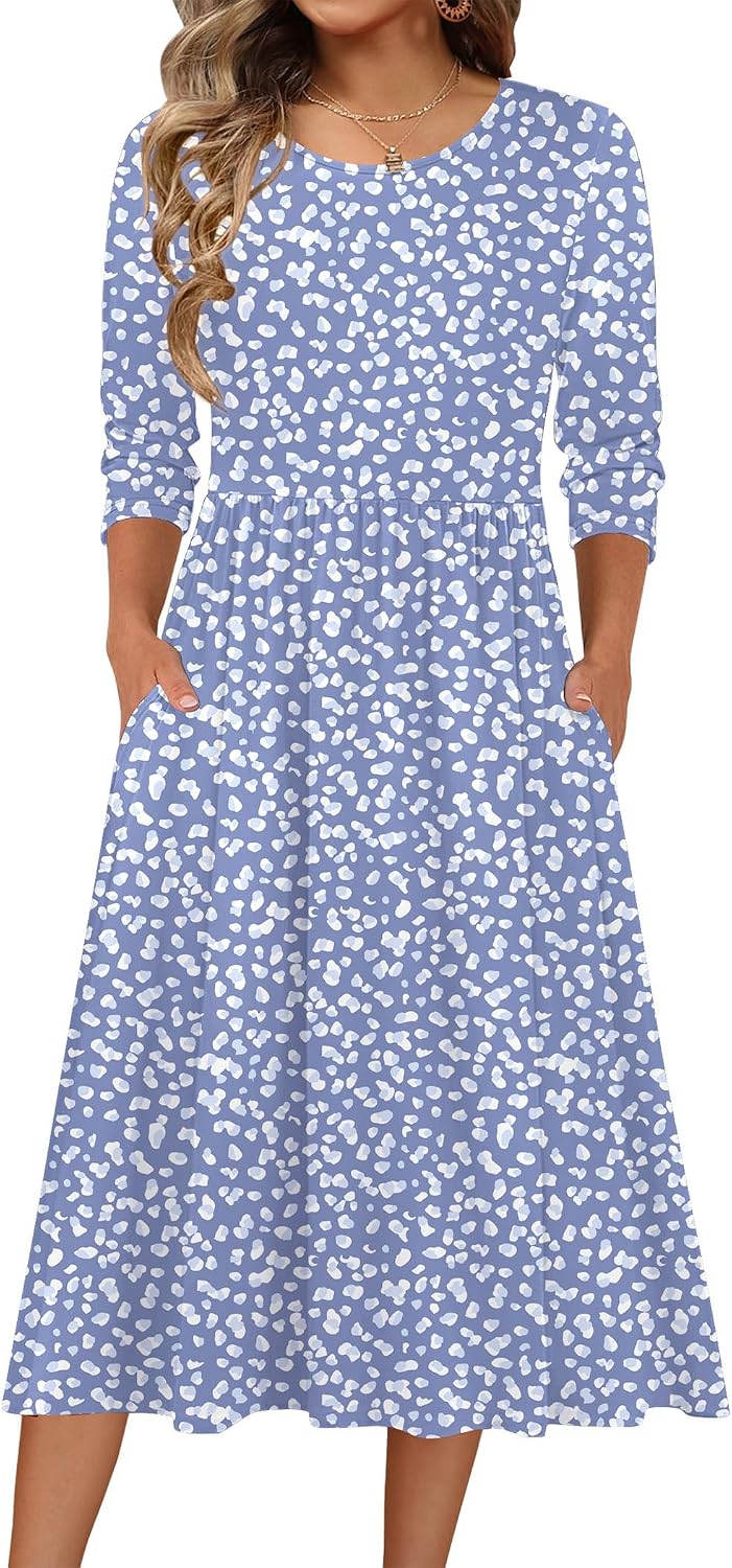 Zeagoo 3/4 Sleeve Women's Dress Casual Aline Summer Fall Midi Long Dresses