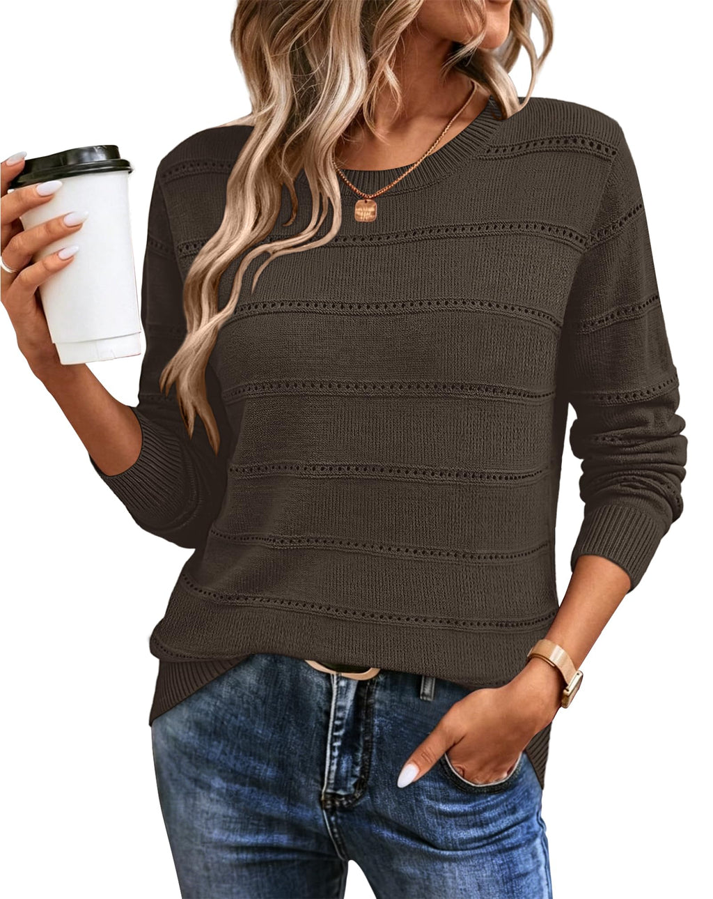 WIHOLL Fall Outfits for Women 2026 Hollow Out Knit Sweater Fashion Clothing