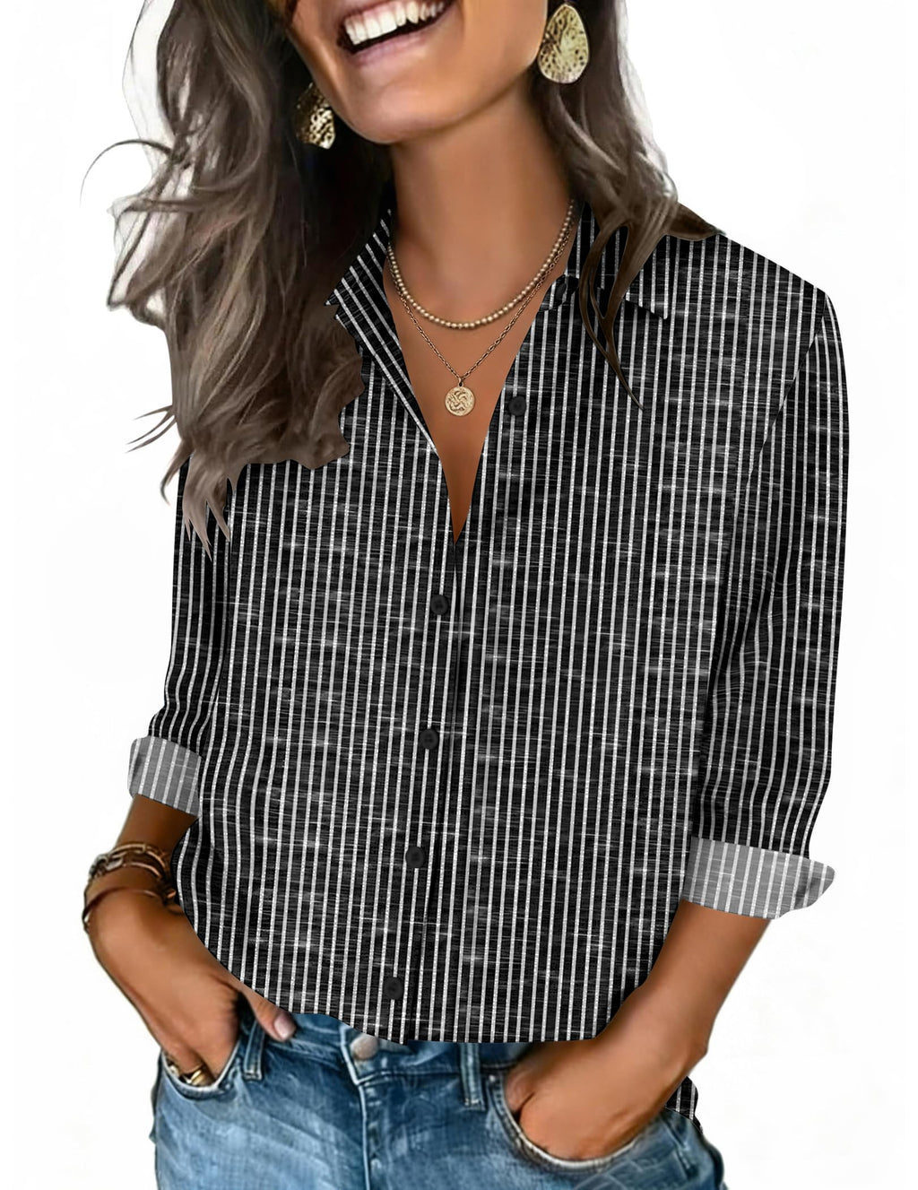 Zeagoo Button Down Shirts for Women 3/4 Sleeve Tops V Neck Collared Blouses Business Casual Outfits