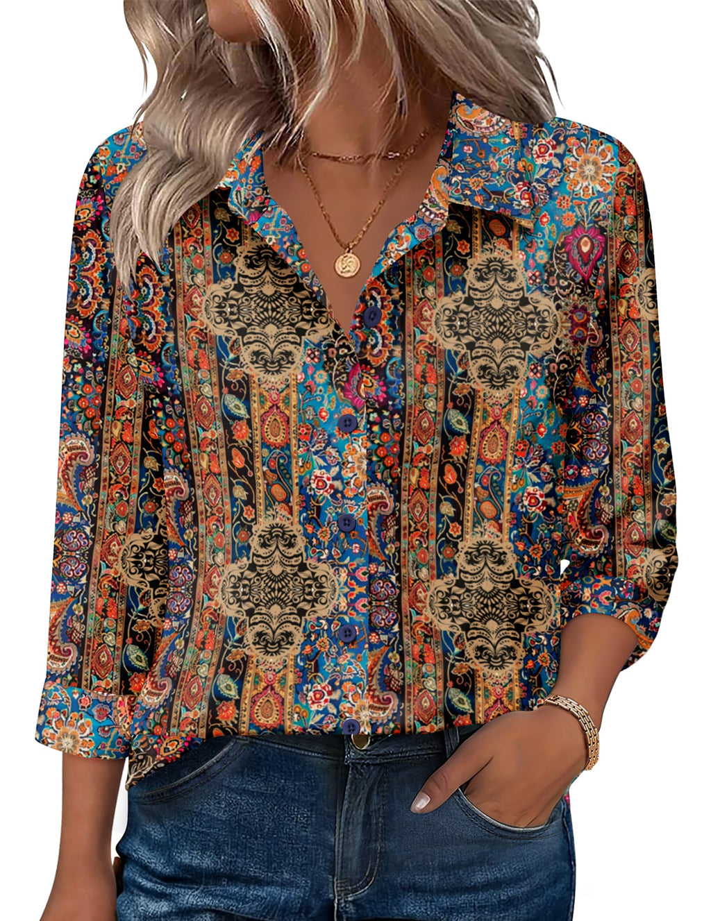 Zeagoo Button Down Shirts for Women 3/4 Sleeve Tops V Neck Collared Blouses Business Casual Outfits