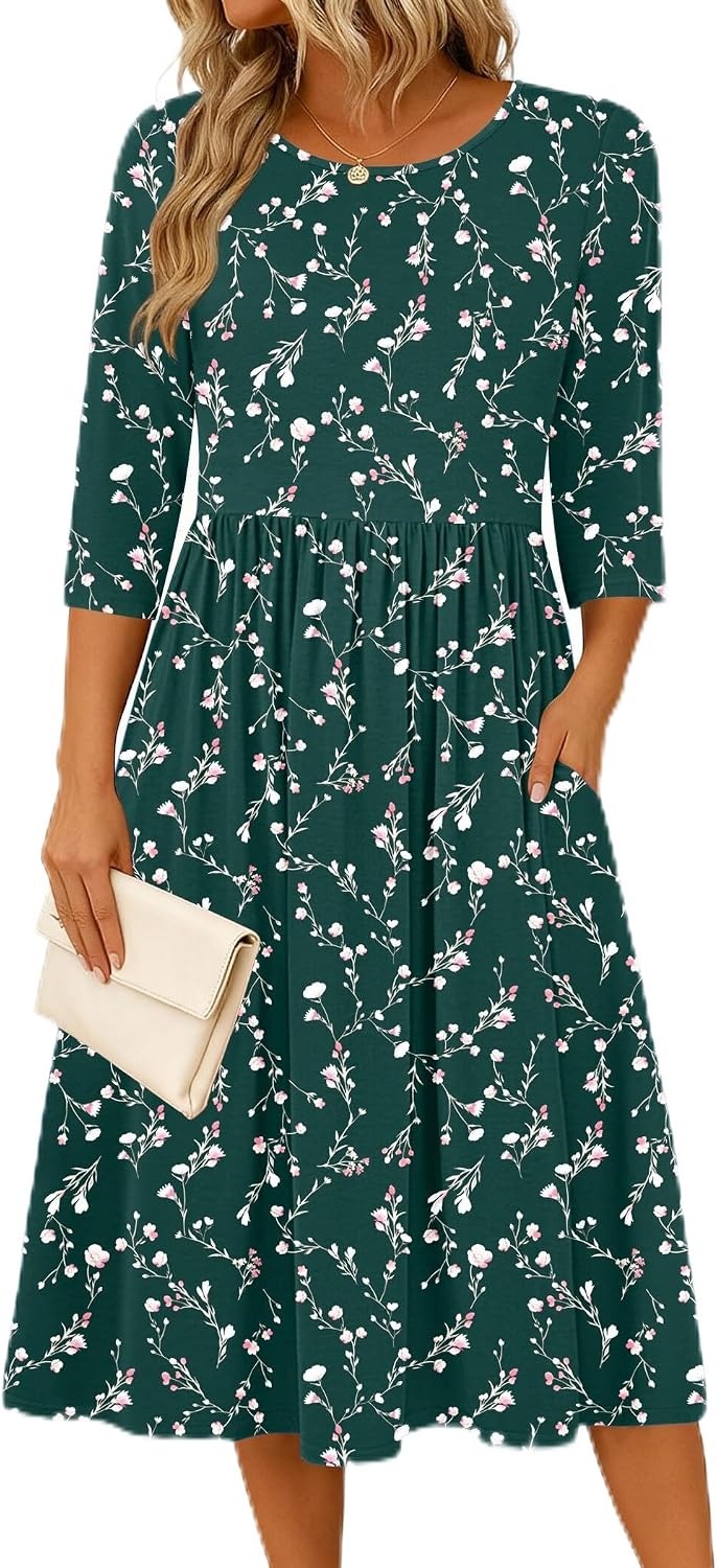 Zeagoo 3/4 Sleeve Women's Dress Casual Aline Summer Fall Midi Long Dresses
