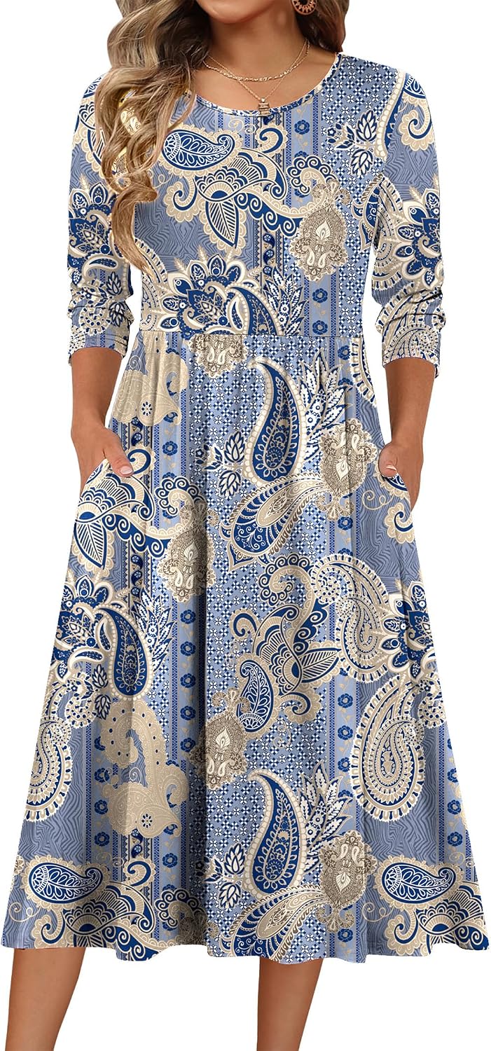 Zeagoo 3/4 Sleeve Women's Dress Casual Aline Summer Fall Midi Long Dresses