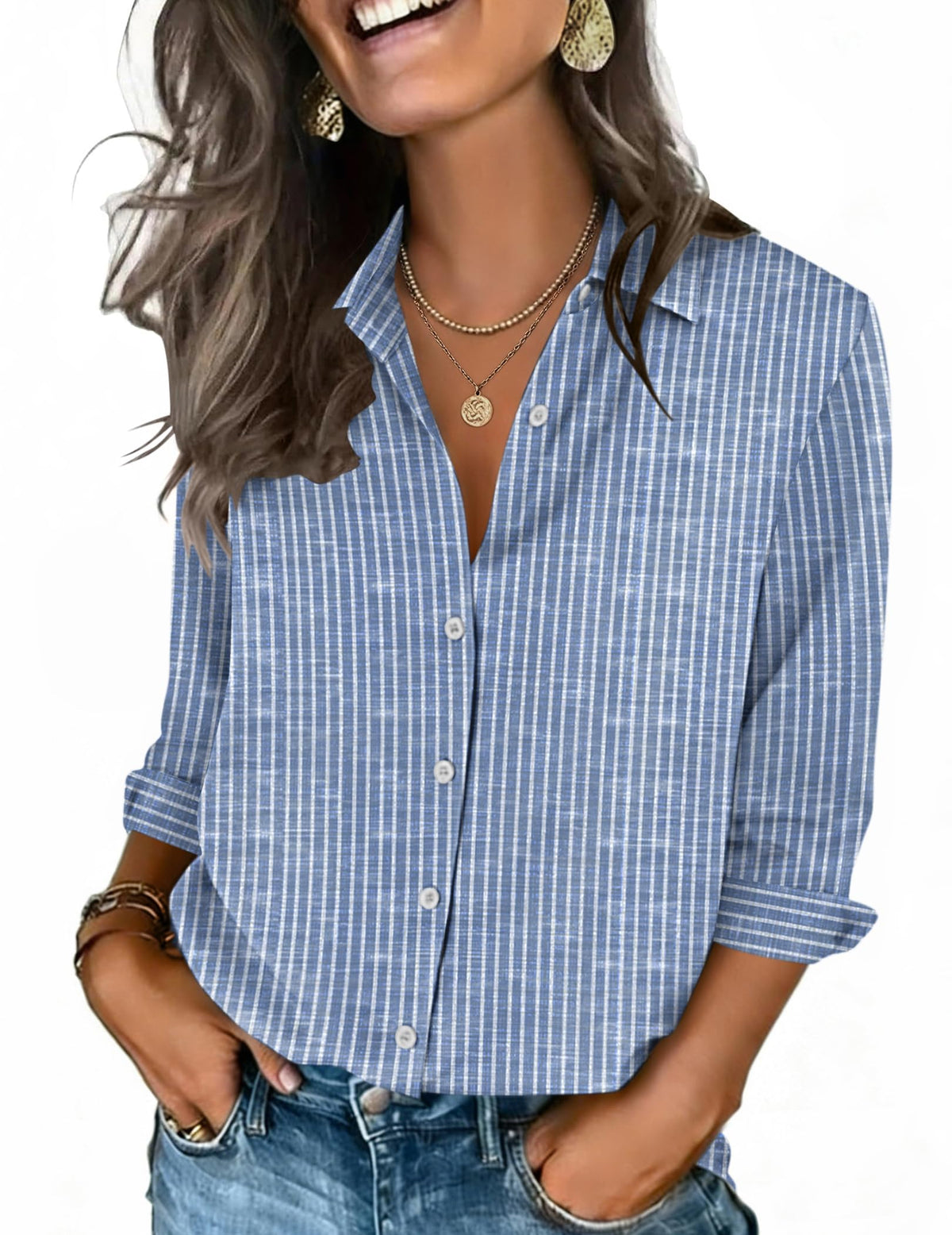 Zeagoo Button Down Shirts for Women 3/4 Sleeve Tops V Neck Collared Blouses Business Casual Outfits