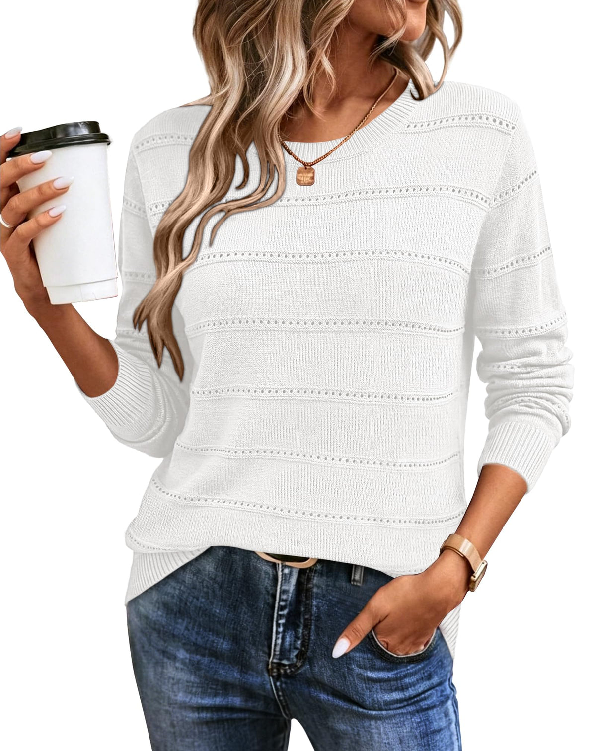 WIHOLL Fall Outfits for Women 2026 Hollow Out Knit Sweater Fashion Clothing