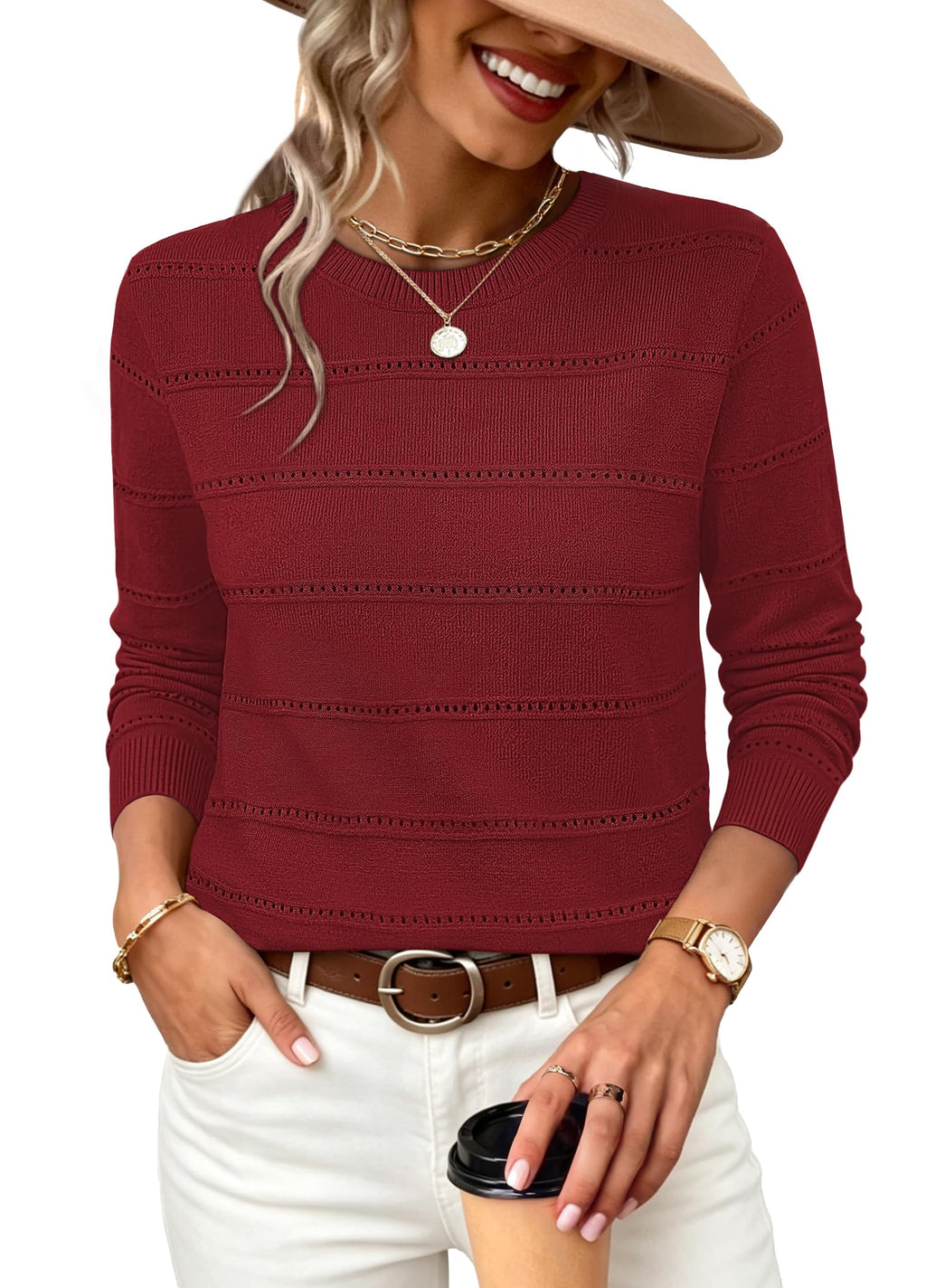 WIHOLL Fall Outfits for Women 2026 Hollow Out Knit Sweater Fashion Clothing