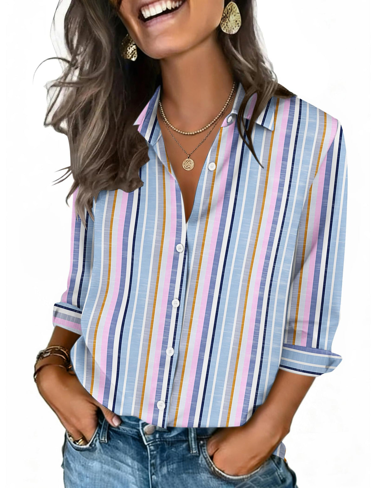 Zeagoo Button Down Shirts for Women 3/4 Sleeve Tops V Neck Collared Blouses Business Casual Outfits