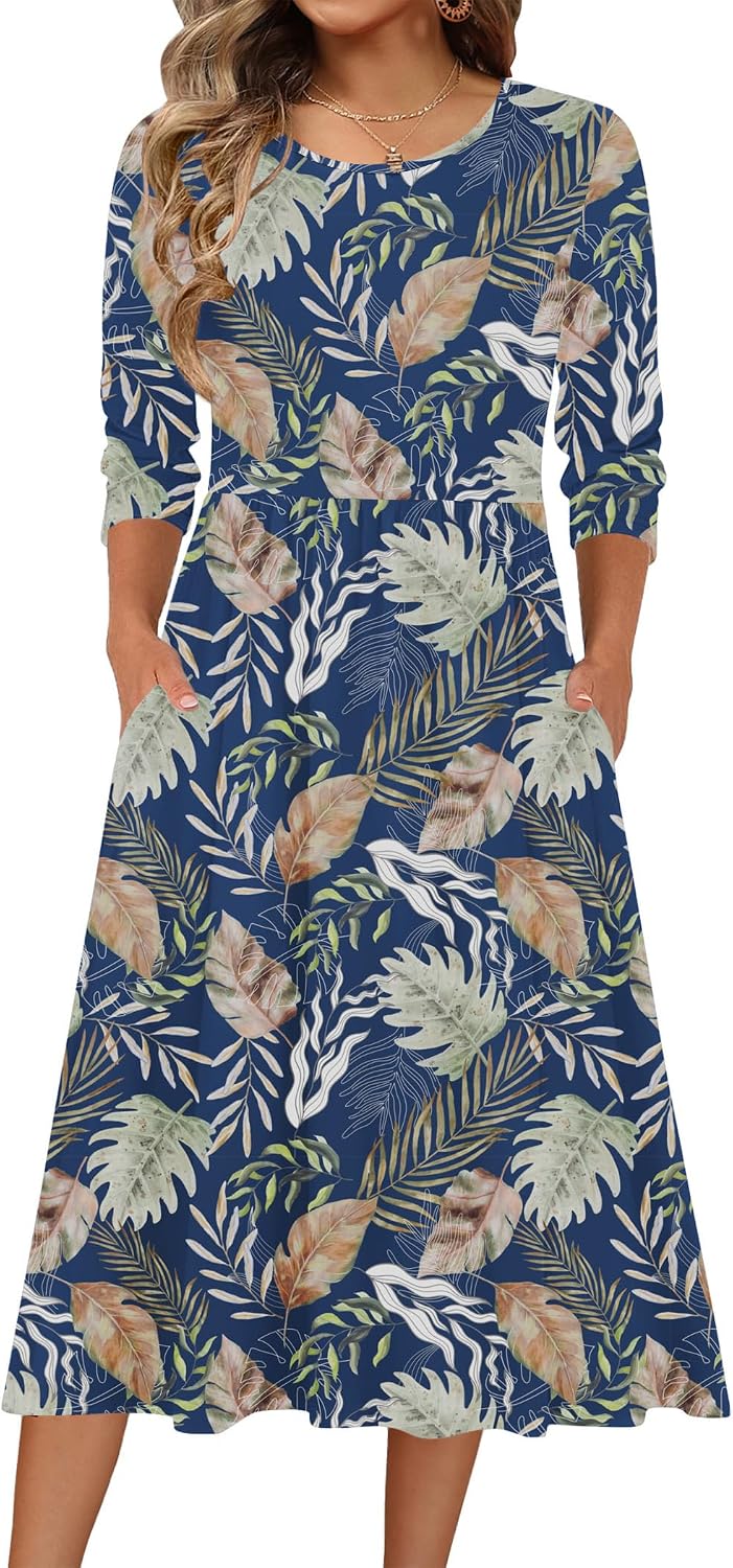 Zeagoo 3/4 Sleeve Women's Dress Casual Aline Summer Fall Midi Long Dresses