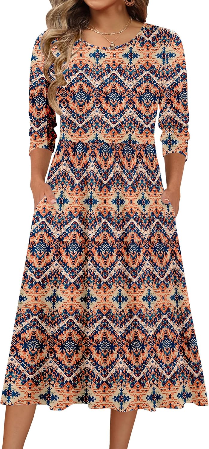 Zeagoo 3/4 Sleeve Women's Dress Casual Aline Summer Fall Midi Long Dresses