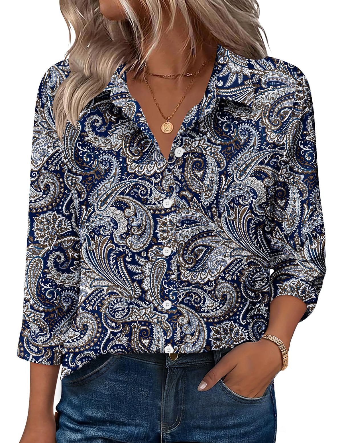 Zeagoo Button Down Shirts for Women 3/4 Sleeve Tops V Neck Collared Blouses Business Casual Outfits